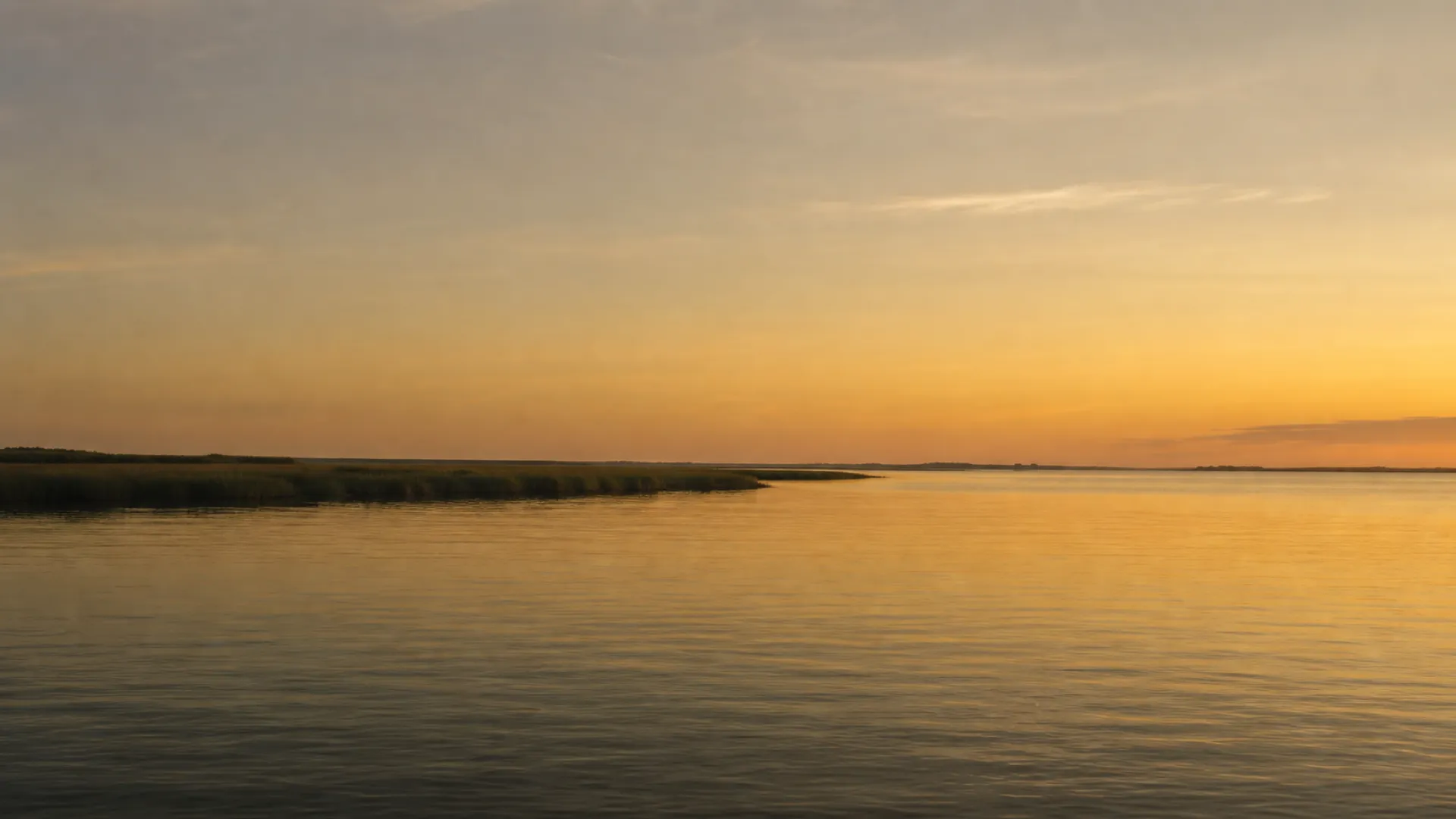 Wide, calm harbor water at golden dusk with a low flat horizon