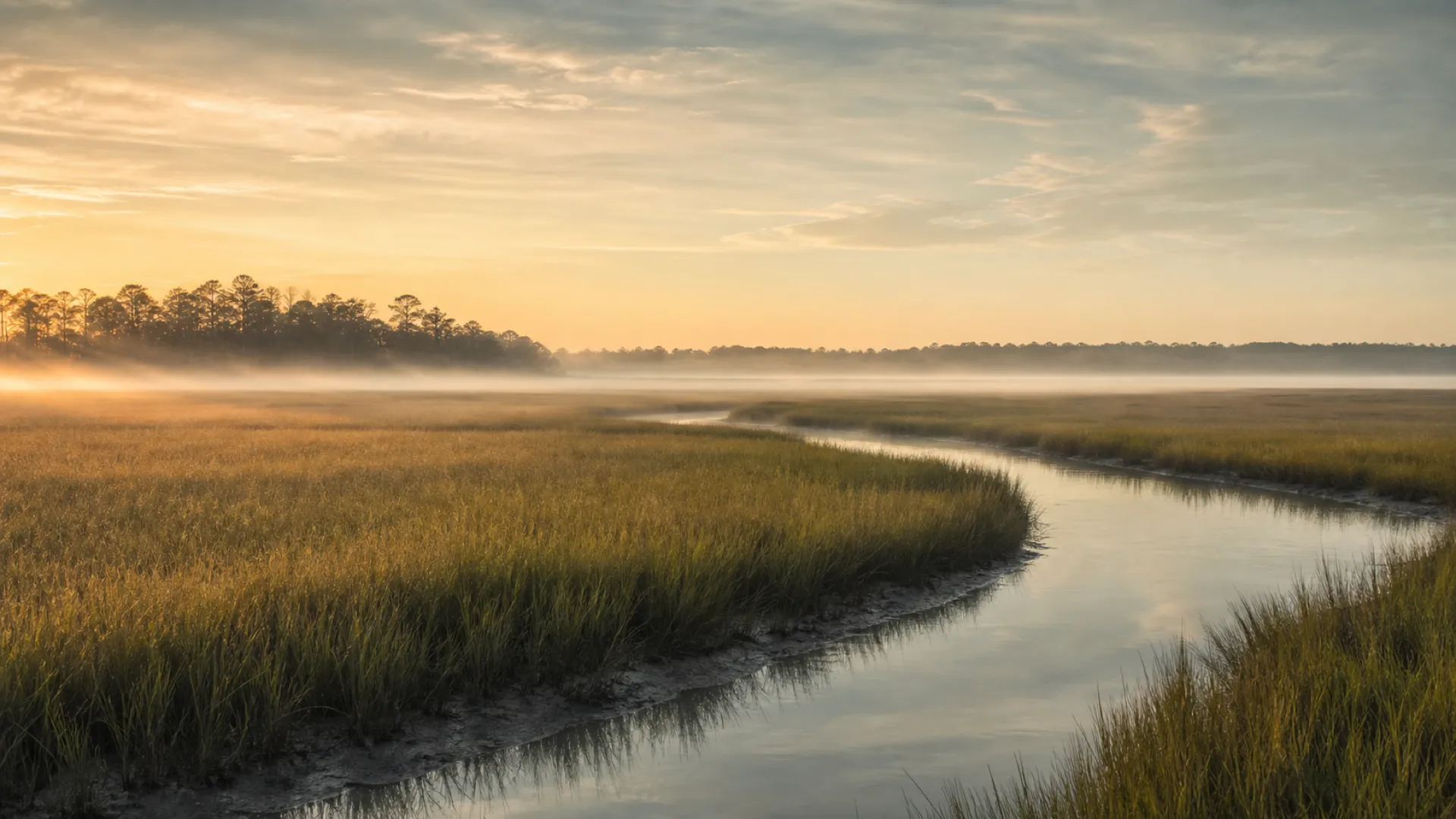 A quiet Lowcountry salt marsh at first light, calm water winding through golden grass
