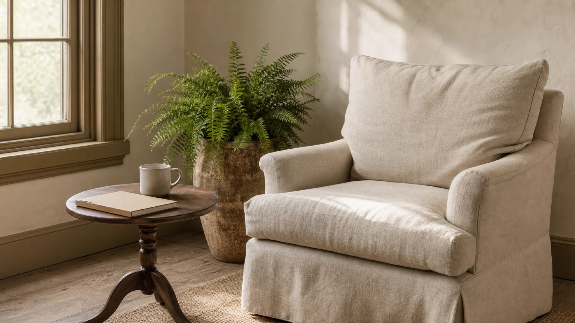A calm sitting corner with a linen armchair, side table, and soft window light
