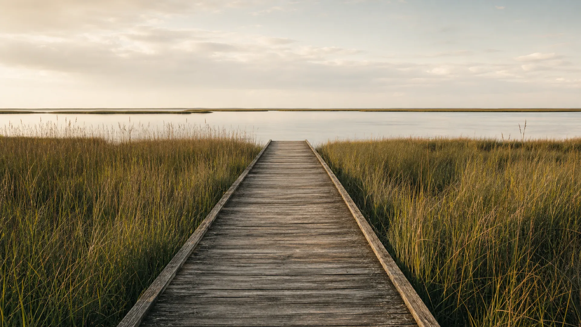 A wooden boardwalk winding through tall marsh grass toward open water