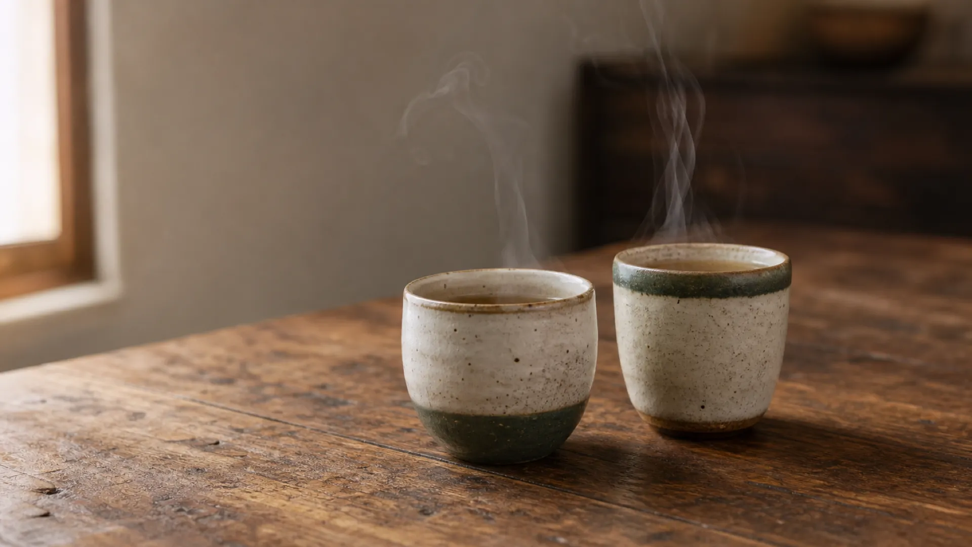 Two handmade ceramic cups with gentle steam on a warm wooden table